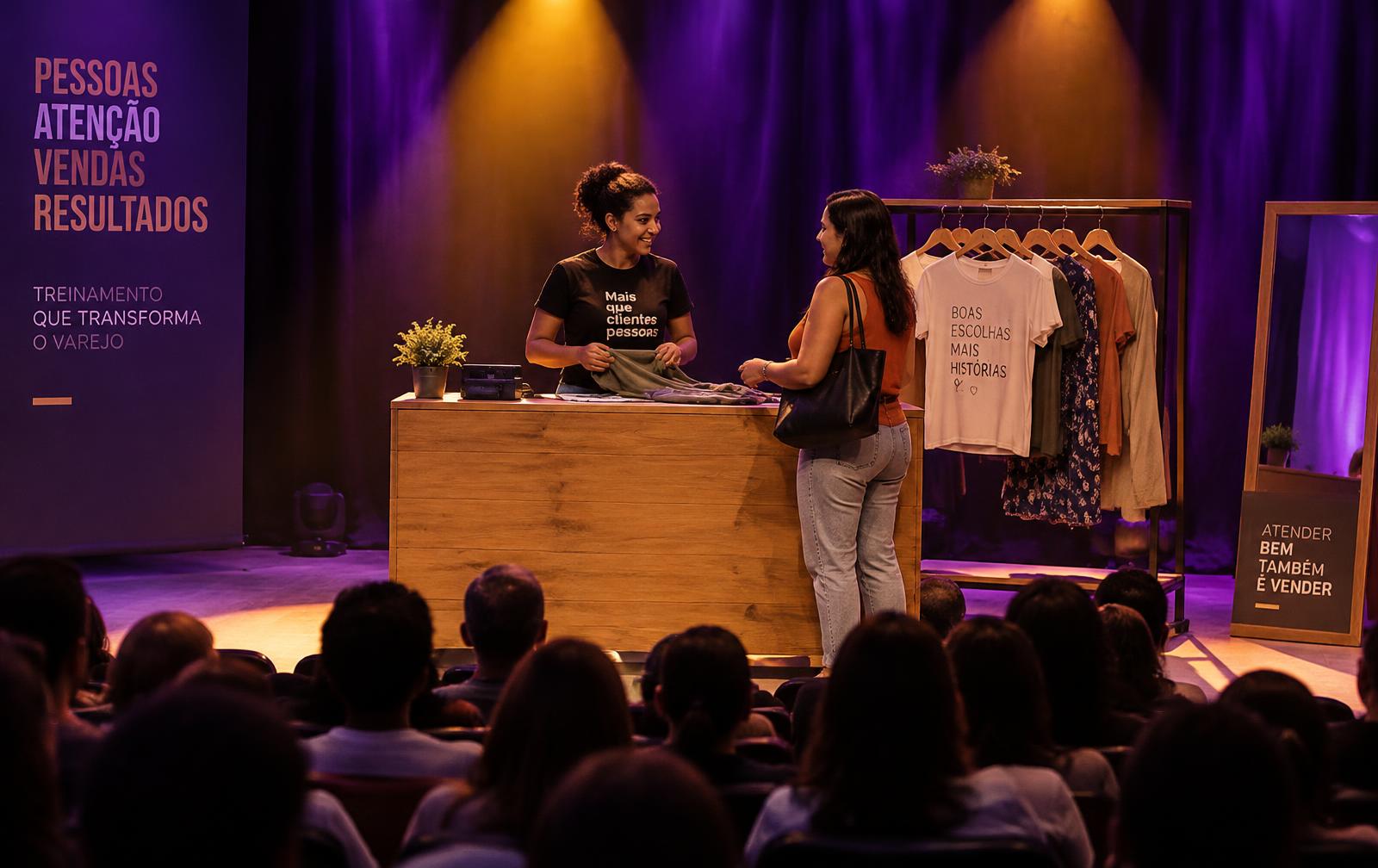 Treinamento presencial do Comércio Fácil: vendedora e cliente encenam um atendimento no palco diante da plateia